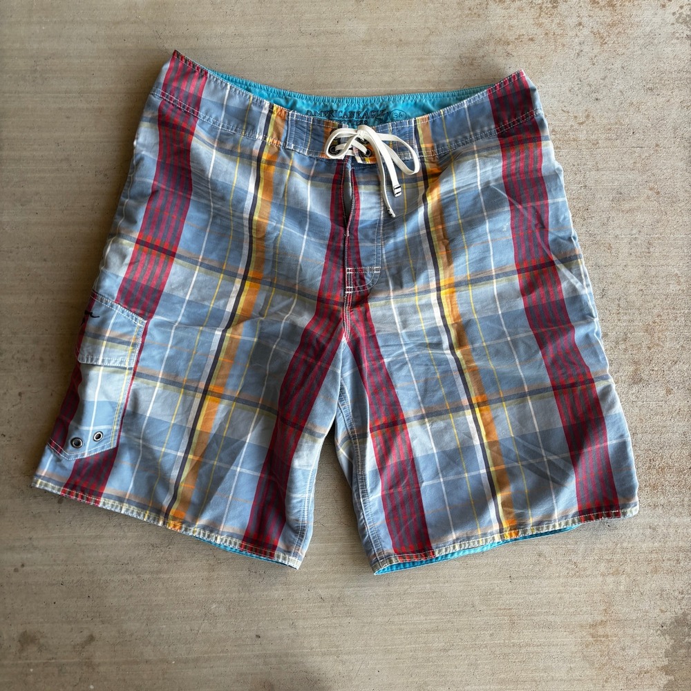 American Eagle Plaid Board Shorts Mens 36 Blue Red Yellow Cargo Swim Trunks